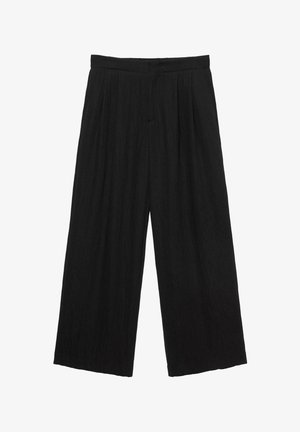 Pantalon noir à jambes larges avec des plis à la taille et un devant plat, fabriqué en tissu léger.