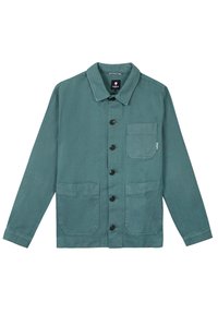Turquoise button-up jacket made of cotton, featuring a collar, front pockets, and black buttons. Smooth texture with stitched details.