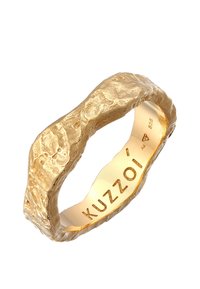 Gold-colored ring with a textured, uneven surface, featuring a slightly wider band and engraved "KUZZOI" on the inner side.