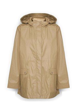 Beige wasserdichte Jacke mit Kapuze, ausgestattet mit einem Reißverschluss vorne, zwei Vordertaschen und einer lockeren Silhouette. Glatter, leichter Stoff.