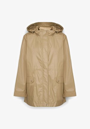 Giacca impermeabile beige con cappuccio, con chiusura frontale a zip, due tasche frontali e silhouette morbida. Tessuto liscio e leggero.