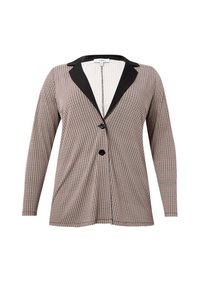 Zwart-wit houndstooth blazer met lange mouwen, een zwarte revers en een enkele knoopsluiting, met een gestructureerde pasvorm en zachte textuur.