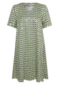 Kortärmad klänning i ljusgrön tyg med V-ringning och ett geometriskt triangelmönster i mörkblått och teal. Avslappnad passform.