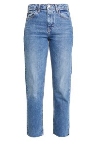 Ljusblå högmidjade jeans med rak benforma, med fem fickor, kontrasterande sömmar och en urtvättad, texturerad denimfinish.