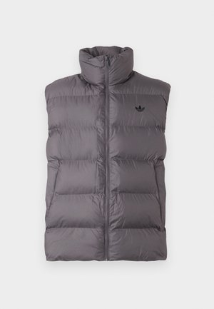 Dark gray padded sleeveless vest with high collar, front zipper, side pockets, and small black logo on the left chest.