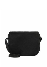 Borsa in pelle nera a tracolla con una texture liscia, forma rettangolare, tracolla regolabile e design minimalista. Nessun hardware o accenti visibili.