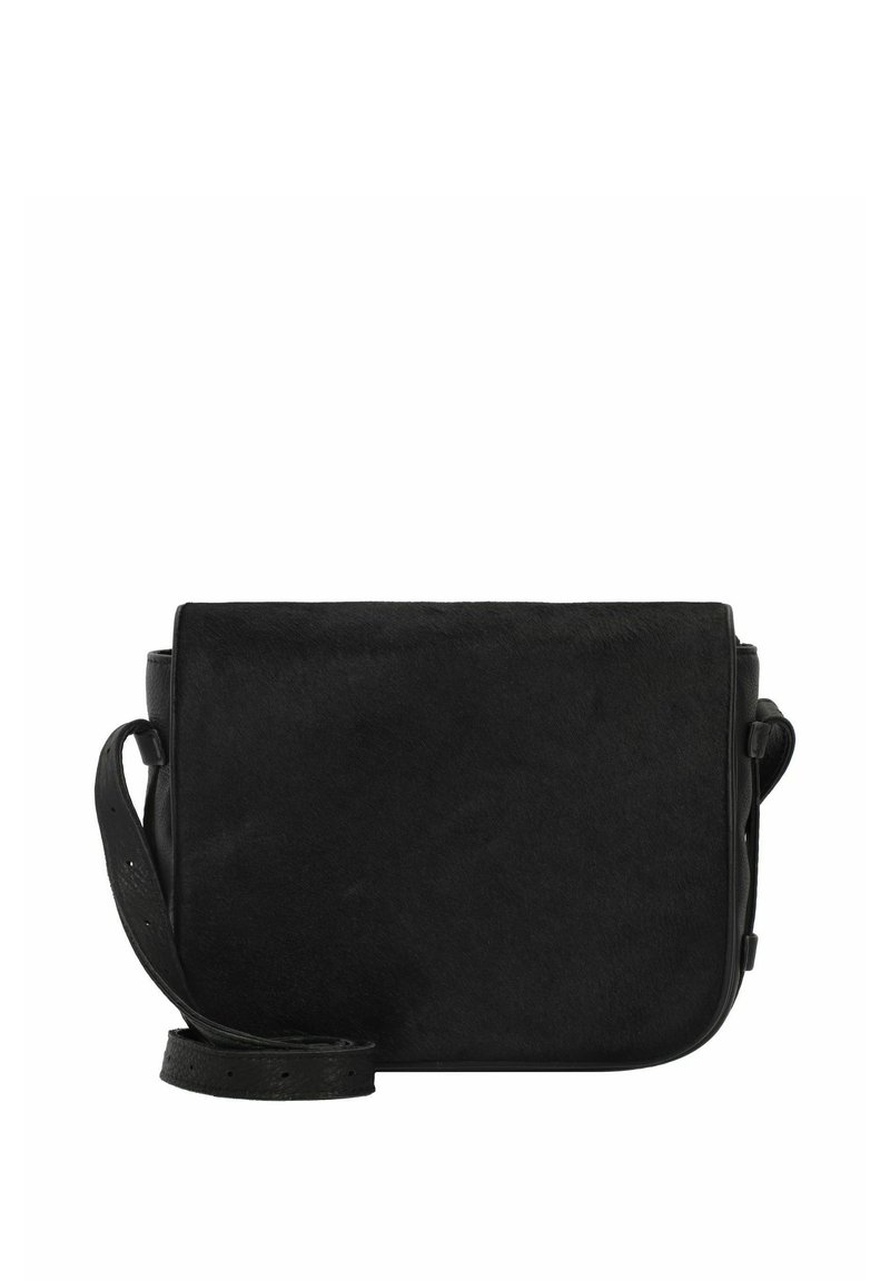 Borsa in pelle nera a tracolla con una texture liscia, forma rettangolare, tracolla regolabile e design minimalista. Nessun hardware o accenti visibili.