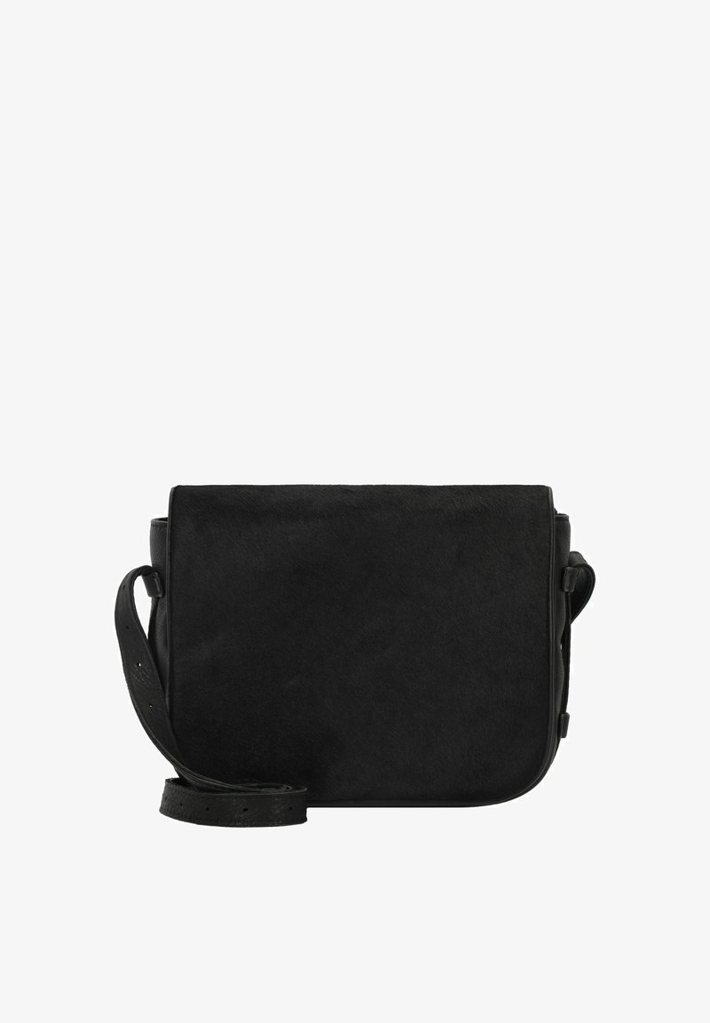 Borsa in pelle nera a tracolla con una texture liscia, forma rettangolare, tracolla regolabile e design minimalista. Nessun hardware o accenti visibili.