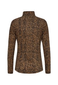 T-shirt à manches longues en imprimé léopard, avec un col haut, en tissu doux, doté d'une coupe cintrée et d'une texture lisse.