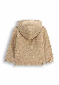 Beżowy dziergany hoodie o strukturze z melanżem, z zaokrąglonym kapturem, ściągaczami na rękawach i u dołu. Wykonany z ciepłego, wygodnego materiału.