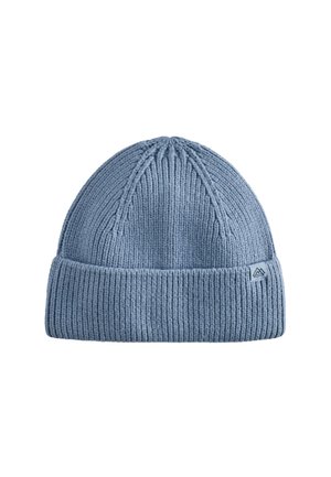 Gorro de punto azul de canalé, con vuelta y un pequeño logotipo de una montaña, sobre un fondo blanco.