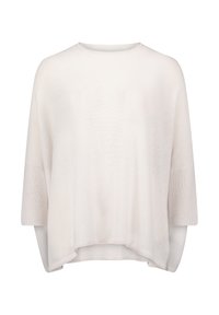 Pull en tricot beige clair avec un col rond, des manches courtes et larges, et une coupe décontractée. Présente une texture côtelée aux manches et à l'ourlet.