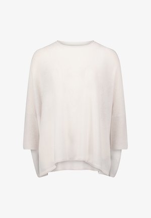 Világos bézs kötött pulóver kerek nyakkivágással, rövid, széles ujjakkal és laza fazonnal. A ujjakon és az alján bordázott textúra található.