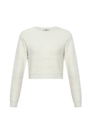 Cremfarbener, kurzer Pullover mit einem strukturierten geometrischen Muster, langen Ärmeln und einem runden Halsausschnitt. Gerippte Bündchen und Saum.