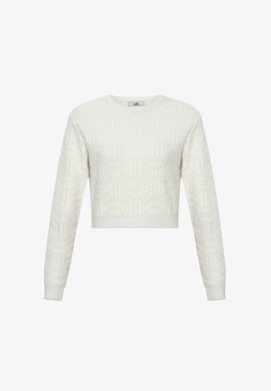 Pull court couleur crème avec un motif géométrique texturé, manches longues et col rond. Bords et ourlet côtelés.
