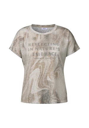 Leichtes, kurzärmeliges T-Shirt in gedecktem Beige mit einem Marmor-Muster und glitzerndem Text, der "In der Umarmung der Natur reflektierend" lautet.
