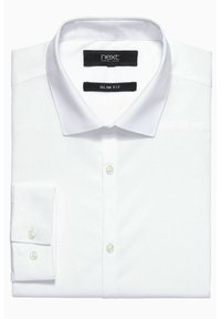 Weißes Slim-Fit-Hemd mit Button-Down-Kragen, ausgestattet mit Perlmuttknöpfen und glatter Textur. Etiketten: "next" und "SLIM FIT" sichtbar.