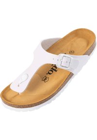 Hvidt thongsandal med justerbar rem, korkfodbed og tekstureret brun indersål. Har en hvid ydersål og spænde detalje.