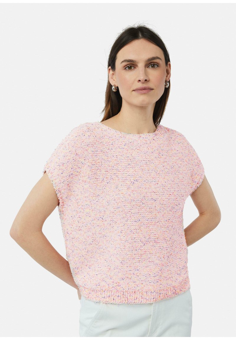 Roze gebreide top met korte mouwen en een losse pasvorm, van gestructureerd garen met multikleurige draden en een ronde halslijn.