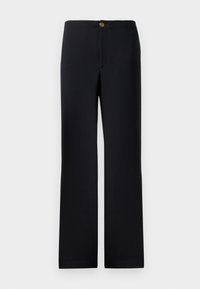 Zwarte broek met een recht model, voorzien van een gouden knoopsluiting en een gladde, gestructureerde stof. Geen zichtbare zakken of patronen.