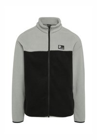 Grijze en zwarte fleece jas met hoge kraag, volledige ritssluiting en gestikte accenten. Heeft een logo-opdracht op het linker borstgebied.