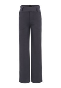 Donkergrijze, wijd uitlopende broek gemaakt van zachte stof met een gladde textuur. Voorzien van een platte voorkant, zijzakken en een op maat gemaakte tailleband.