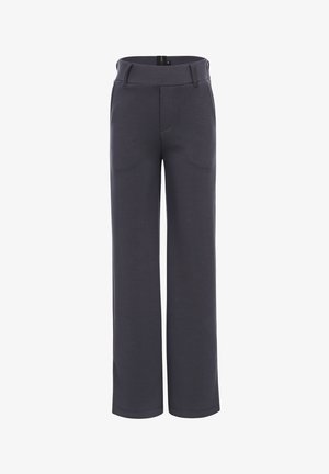 Donkergrijze, wijd uitlopende broek gemaakt van zachte stof met een gladde textuur. Voorzien van een platte voorkant, zijzakken en een op maat gemaakte tailleband.