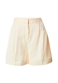 Pfirsichfarbene Baumwollshorts mit hoher Taille, gefälteltem Vorderteil und leicht ausgestellt geschnittenen Beinöffnungen. Schnelle Textur und minimalistisches Design.