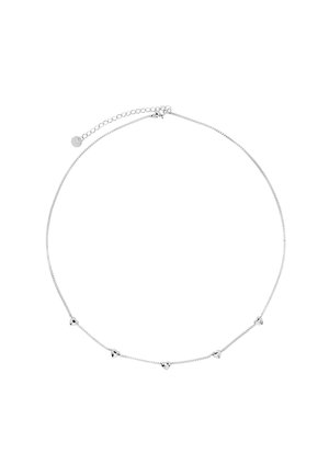 Collier délicat en argent avec cinq petits pendentifs en forme de cœur espacés uniformément le long d'une fine chaîne et un fermoir réglable.