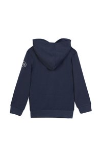 Felpa in cotone blu navy con tasca frontale, cappuccio con cordini e polsini a coste. Presenta un logo circolare sulla manica sinistra.