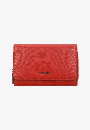 Red textured leather wallet with a crocodile-like pattern, featuring a magnetic closure and a silver brand logo. Compact and rectangular shape.
