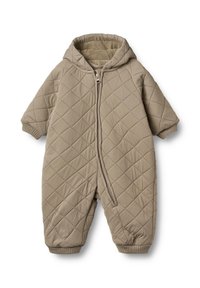 Beige quiltad overall med huva, framdragkedja, korta ärmar och elastiska mudd. Mjuk innerfoder med en slät yttertextur.