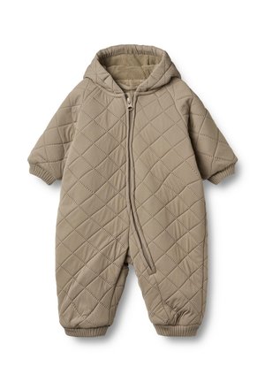 Beige vuorattu talvitakki hupulla, etuvetoketjulla, lyhyillä hihoilla ja joustavilla cuffilla. Pehmeä sisävuori ja sileä ulkopinta.