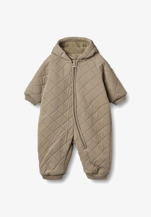 Combinaison de ski matelassée beige avec une capuche, fermeture éclair à l'avant, manches courtes et poignets élastiques. Doublure intérieure douce avec une texture extérieure lisse.