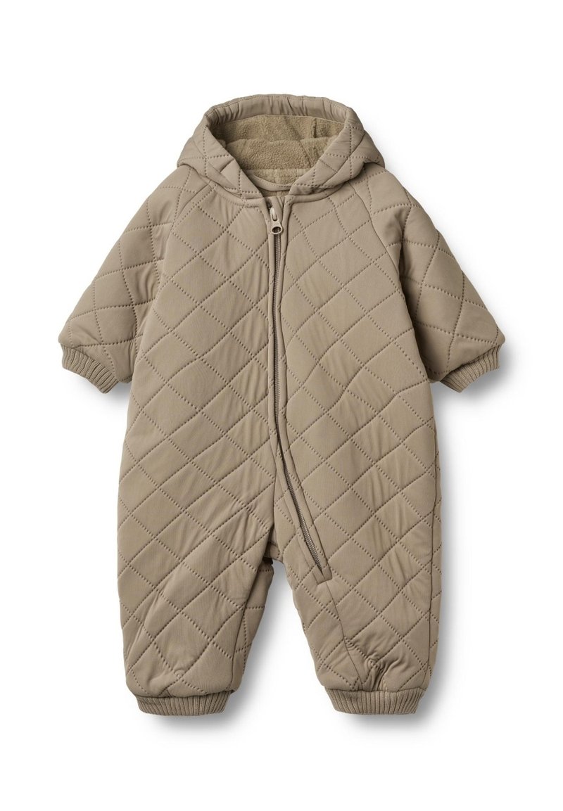 Beige quiltad overall med huva, framdragkedja, korta ärmar och elastiska mudd. Mjuk innerfoder med en slät yttertextur.
