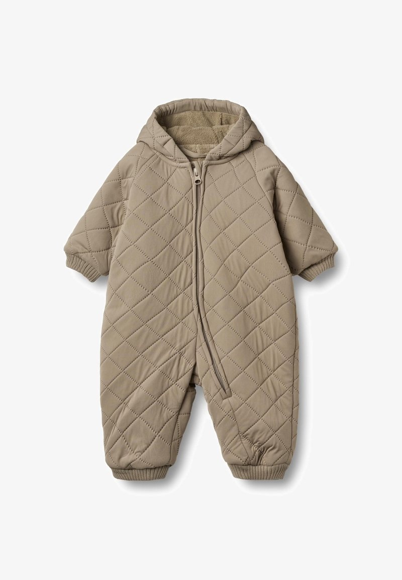 Beige gewatteerde sneeuwpak met een capuchon, ritssluiting aan de voorkant, korte mouwen en elastische boorden. Zachte binnenvoering met een gladde buitenkant.