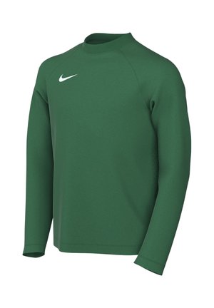 Sweat-shirt de sport vert foncé à manches longues avec un col côtelé et un petit logo Nike blanc sur le haut gauche de la poitrine.