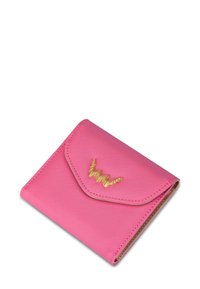 Pink leather wallet with a textured finish, featuring a gold embroidered logo and a flap closure. Compact design with rounded edges.