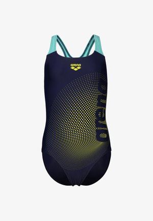 Bañador de una pieza navy con un patrón de degradado de puntos en amarillo, con finas tirantes color aqua y un gran logo en el lateral.