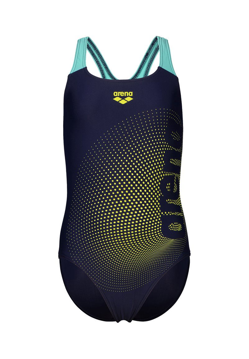 Bañador de una pieza navy con un patrón de degradado de puntos en amarillo, con finas tirantes color aqua y un gran logo en el lateral.