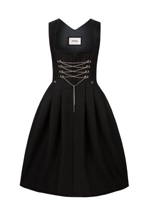 Schwarzes Kleid mit strukturiertem Oberteil und Schnürdetail. Ärmelloses Design, plissierter Rock und Innenfutter mit Punkten. Metallische Hardware-Akzente.