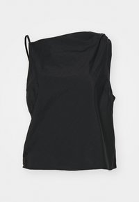 Haut sans manches noir en tissu léger, présentant une coupe décontractée, une texture subtile et une encolure asymétrique.