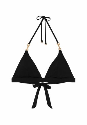 Melna trīsstūra bikšu augšdaļa ar regulējamām haltera kakla siksnām, zelta metāla akcentiem un aizmugurē sasietu loku aizdari.