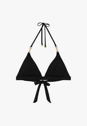 Must kolmnurksuurustega bikiinitop, millel on reguleeritavad kaelapaelad, kuldsed metallist detailid ja seljal lipsuga sulgur.