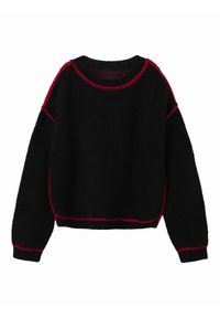 Schwarzer Pullover mit roter Stickerei, Rundhalsausschnitt und tiefen Schultern. Weicher Stoff, kürzerer Schnitt mit langen Ärmeln.