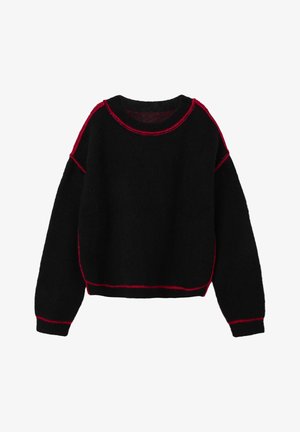 Schwarzer Pullover mit roter Stickerei, Rundhalsausschnitt und tiefen Schultern. Weicher Stoff, kürzerer Schnitt mit langen Ärmeln.