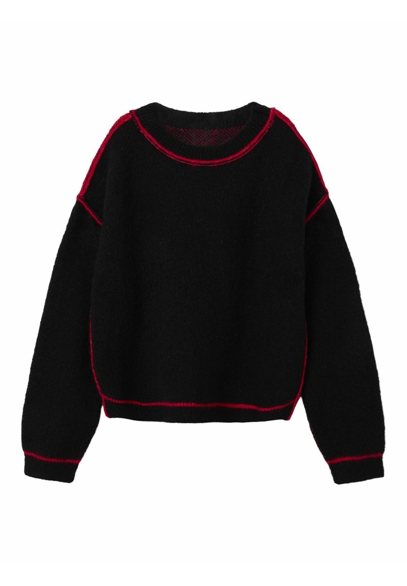 Schwarzer Pullover mit roter Stickerei, Rundhalsausschnitt und tiefen Schultern. Weicher Stoff, kürzerer Schnitt mit langen Ärmeln.