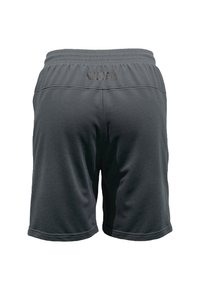 Grijze sportshorts met elastische tailleband, met een gladde textuur en gestikte zoom. Merk zichtbaar nabij de tailleband aan de achterkant.