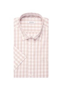 Camicia a maniche corte con bottoni, caratterizzata da un motivo a scacchi rosa chiaro e bianco, realizzata in tessuto a trama con colletto classico e una tasca sul petto.