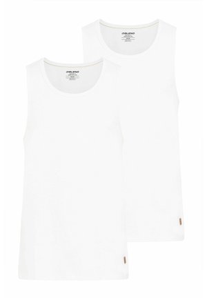 Two white tank tops with round necklines, featuring a smooth texture and subtle brand tags at the bottom hem.